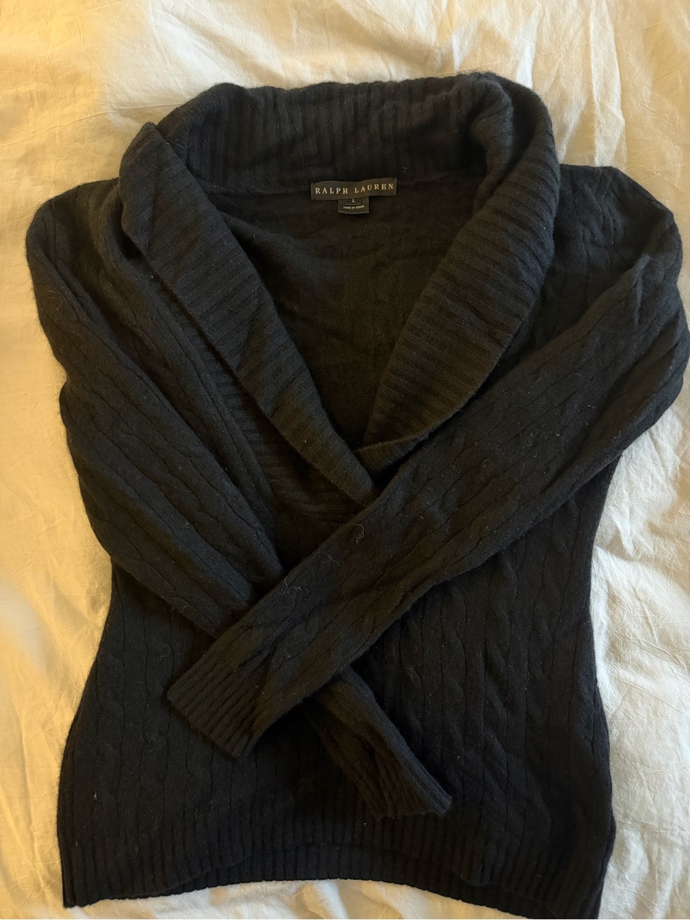 100% Cashmere Ralph Lauren Black Cable-Knit Shawl Collar Sweater